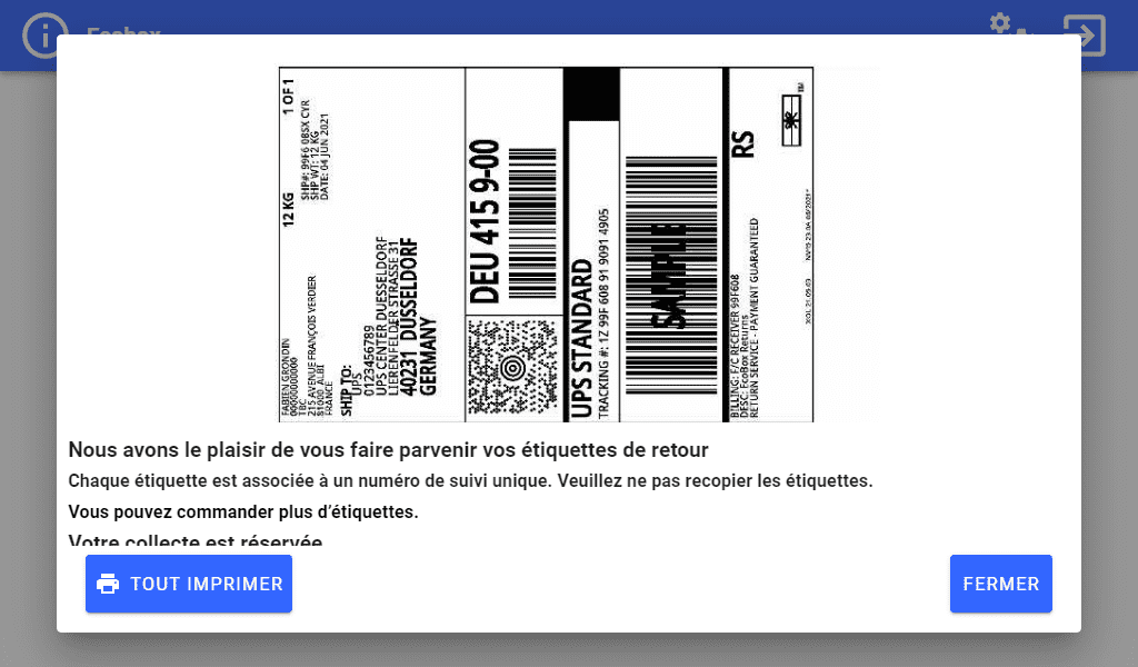 Ecran de configuration Ecobox renvoi de consommables individuels etiquette de retour